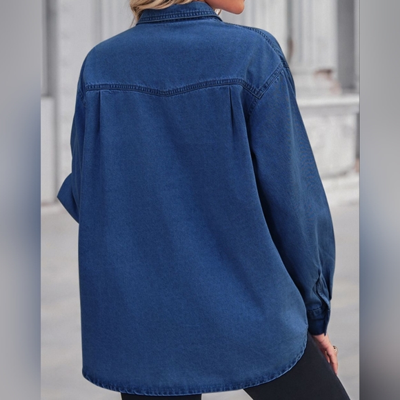 Collared Neck Dropped Shoulder Denim Top - Dark - Picture 4 of 7